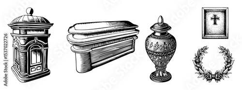 Vector Vintage funeral elements including a mausoleum coffin urn and memorial cross .