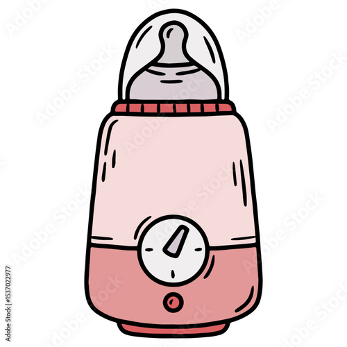 Hand drawn vector illustration of a bottle warmer with baby milk bottle, pink and grey color