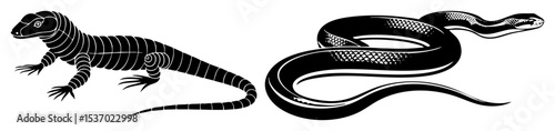Vector Stylized lizard and serpent vector in black and white.