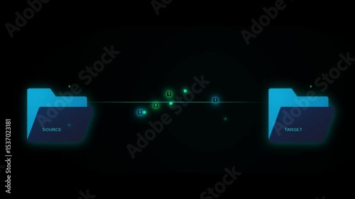 Futuristic Data Transfer Animation, glowing blue folders, neon lights, futuristic technology, digital data transfer
