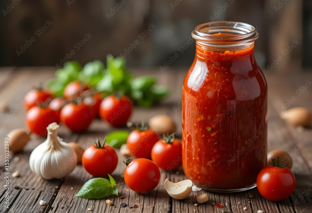 Classic tomato sauce in transparent glass bottle with basil, garlic, and cherry tomatoes scattered on wooden table, warm rustic lighting. Classic tomato sauce in transparent glass bottle with basil, garlic, and cherry tomatoes scattered on wooden table, warm rustic lighting.