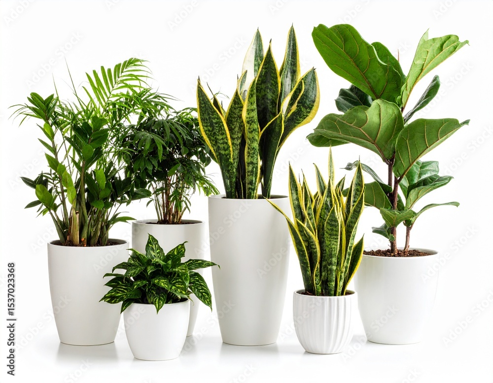 Fototapeta premium Plants in white ceramic pot- ficus lyrata, Sansevieria, pachira, zz zamioculcas zamii 