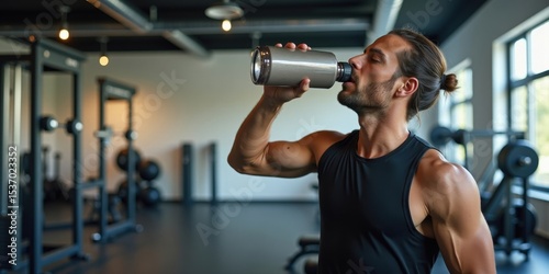 Man drinking from water bottle in gym