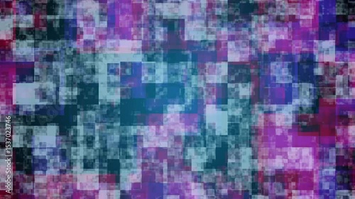 Digital complex pixel motion graphics animation with greenish blue, pink and purple blocks.
