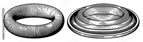 Vector Two abstract torus shapes are rendered with detailed work.
