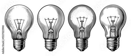 Vector Four vintage lightbulbs showcase detailed internal structures in a .