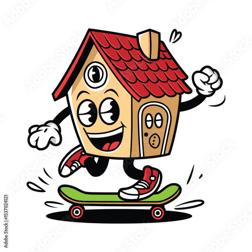 A playful cartoon house with a red roof and a cheerful face, happily skateboarding. The house has expressive, large eyes, a smiling mouth, and is wearing red sneakers.