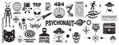 Cyberpunk HUD and Sci-Fi Elements – Retrofuturistic Streetwear Assets with Dithered Pixel Art – Cyberpunk Decals, Comic Stickers, Acid Geometrics, Techwear Labels Set