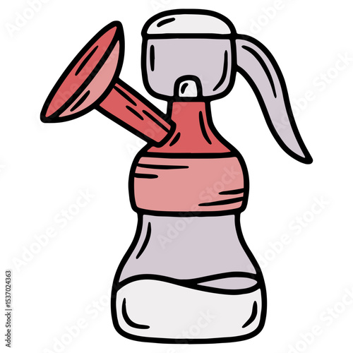 Hand drawn vector illustration of a manual breast pump, pink and grey color