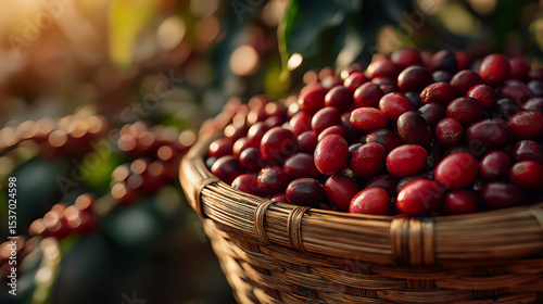 coffee plantation sunrise, ripe robusta coffee cherries in basket.