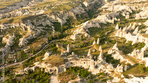 Aerial drone view of Uchisar Castle in Cappadocia,  and Goreme Turkey