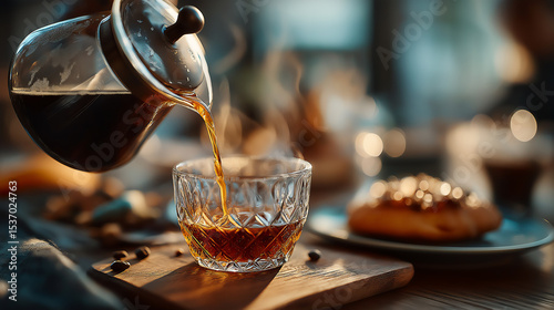 barista hand pouring coffee in crystal clear glass.