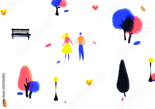 Set of web icons on the topic: Walking together, park, line style. Walking together icons, a park for web and mobile applications. Machine learning, websites, online schools, AI digital technology