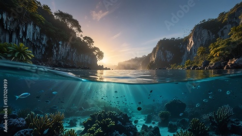Crystal Lagoon at Sunrise, Misty Jungle Cliffs & Glowing Coral Reef V2