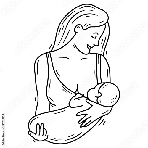Hand drawn vector illustration of a breastfeeding mother and baby, linear style