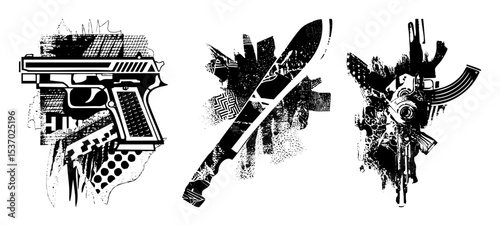 Vector Illustrative weaponry collection featuring a handgun knife and automatic pistol in a distressed vector style.