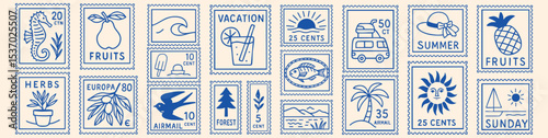 Vector set of hand-drawn tropical summer prints featuring vintage-style surf stickers and travel stamps. Includes nautical logotypes, sun symbols, palm trees, sea waves, and Hawaii vacation motifs.