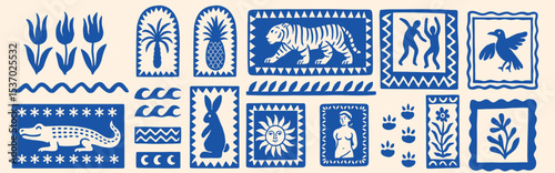 Vector set of hand-drawn tropical summer prints featuring vintage-style surf stickers and travel stamps. Includes nautical logotypes, sun symbols, palm trees, sea waves, and Hawaii vacation motifs.