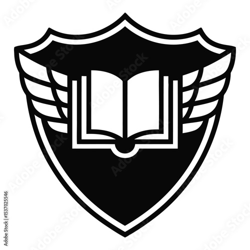 Shield with open book and wings emblem design illustration