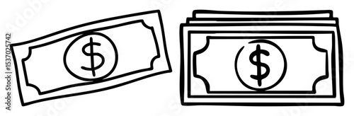 Vector Dollar bills featuring a single bill and a stack of currency.