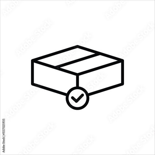 Package delivered confirmation icon. Package with checkmark, linear icon. Verified or successfully delivered parcel. Isolated on white background.