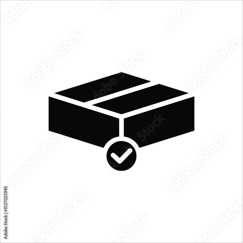Package delivered confirmation icon. Package with checkmark, linear icon. Verified or successfully delivered parcel. Isolated on white background.