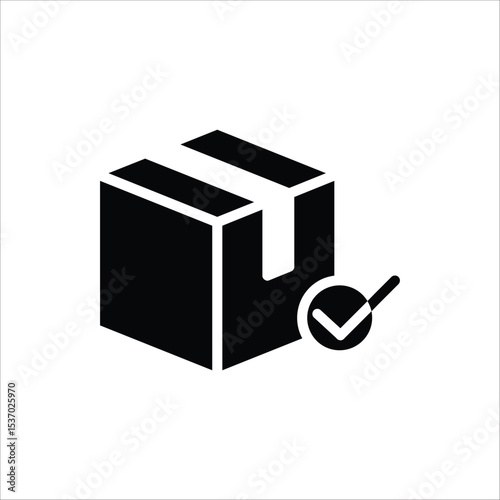 Package delivered confirmation icon. Package with checkmark, linear icon. Verified or successfully delivered parcel. Isolated on white background.