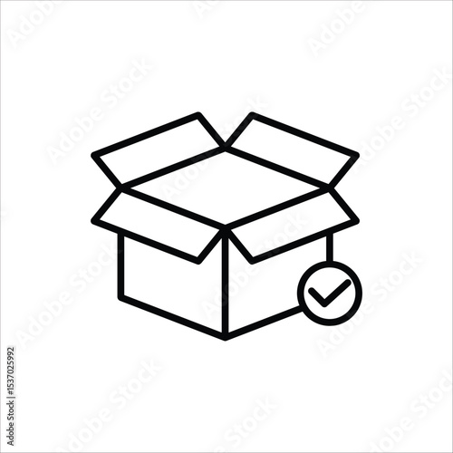 Package delivered confirmation icon. Package with checkmark, linear icon. Verified or successfully delivered parcel. Isolated on white background.