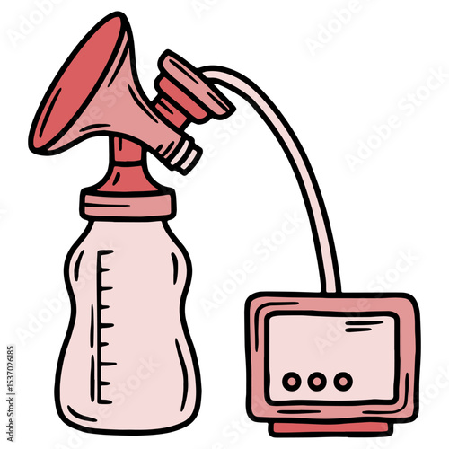 Hand drawn vector illustration of an electric breast pump with bottle and wires, pink and grey color
