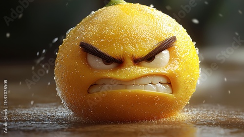A refreshing cartoon lemon slice with a bright yellow color and a slightly puckered expression
