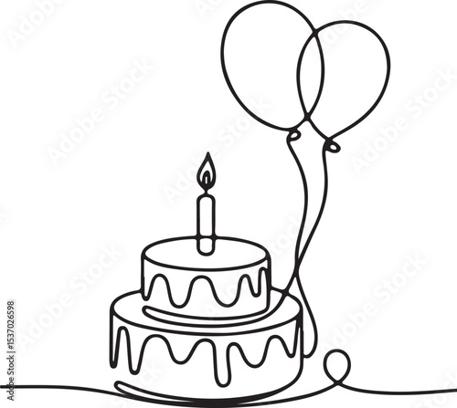 continuous single line drawing of birthday cake with candle and balloons in black line art on white background
