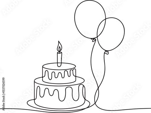 continuous single line drawing of birthday cake with candle and balloons in black line art on white background