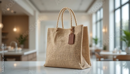 Beige jute tote bag on marble countertop