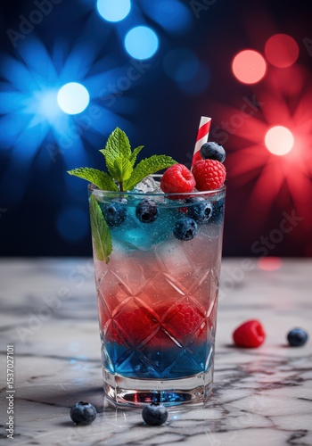 Festive red berry drink with ice and mint on white marble table. Fresh cocktail for Independence Day, birthday, anniversary and summer party celebration.	
