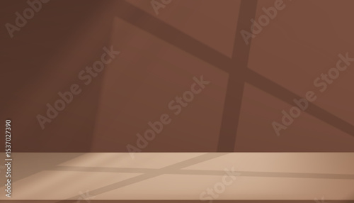 Brown Background for Product,Brown Chocolate Wall Studio Room with light, shadow on Beige floor,Backdrop Display Mockup with 3d Podium Stand,Scene for Cosmetic in Winter Sale,Autumn or Fall Banner