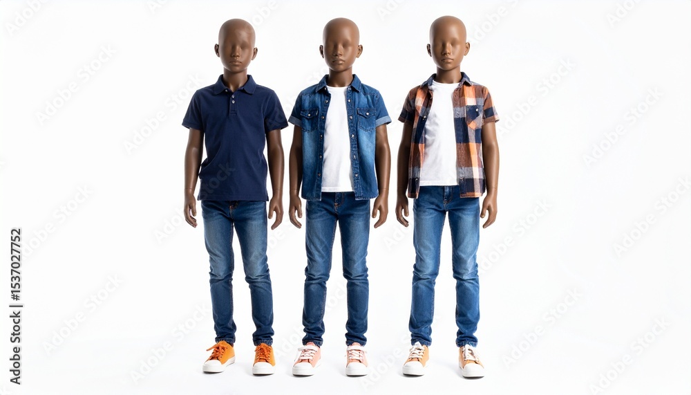 Obraz premium Three mannequins dressed in casual kids wear, isolated on white background.