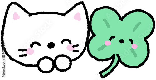네잎클로버와 고양이 일러스트 스티커