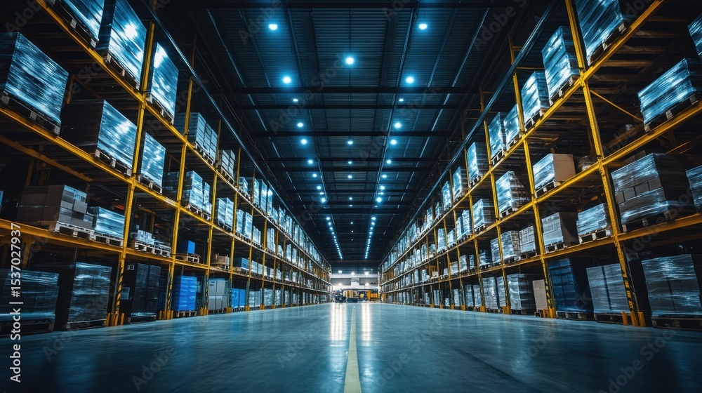 Fototapeta premium Efficient warehouse operations industrial facility stock management interior wide-angle view logistics optimization