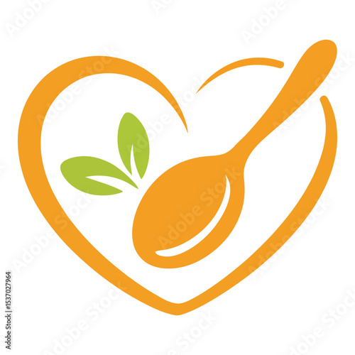 Spoon with leaves inside a heart isolated on white background