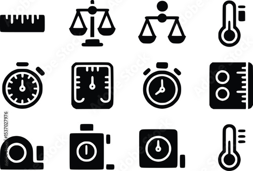 Measuring Tool Icons Weight Scale Symbols Instruments Ruler Thermometer Stopwatch Vectors