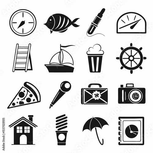 Black and white icon set various objects clock fish