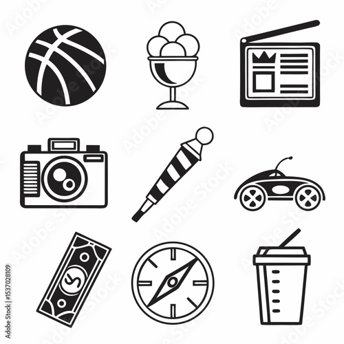 Nine simple black icons set  fun activities hobbies