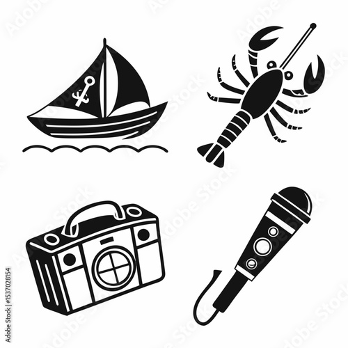 Summer vacation icons sailboat lobster boombox microphone