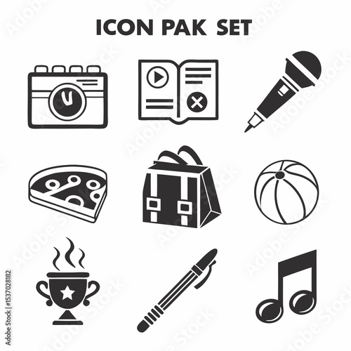Nine simple black icons set camera book microphone pizza backpack beach ball trophy pen music note