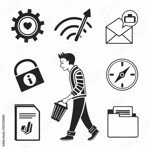 Man carrying bucket with various business icons around him