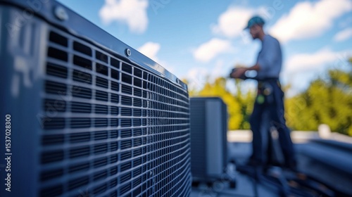 Hvac technician working on rooftop air conditioning unit industrial site action shot clear sky outdoor perspective