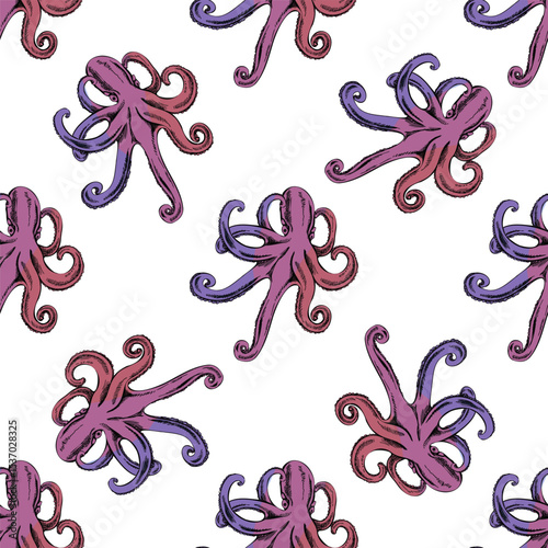 Hand drawn vintage seamless pattern of purple and pink octopus with tentacles, marine sketch vector illustration