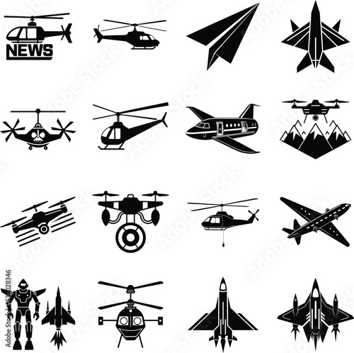 Assorted Aviation and Futuristic Transportation Black Silhouette Illustrations Collection Featuring Helicopters Airplanes Drones Fighter Jets and a Robot Character