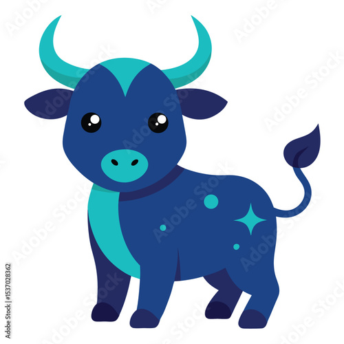 Cartoon Zodiac Taurus Illustration A Charming Blue Bull with Turquoise Accents Standing Proudly on a White Background