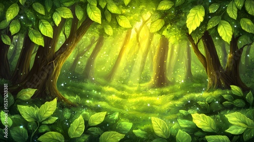 Magical Sunlit Forest Landscape Lush Green Trees